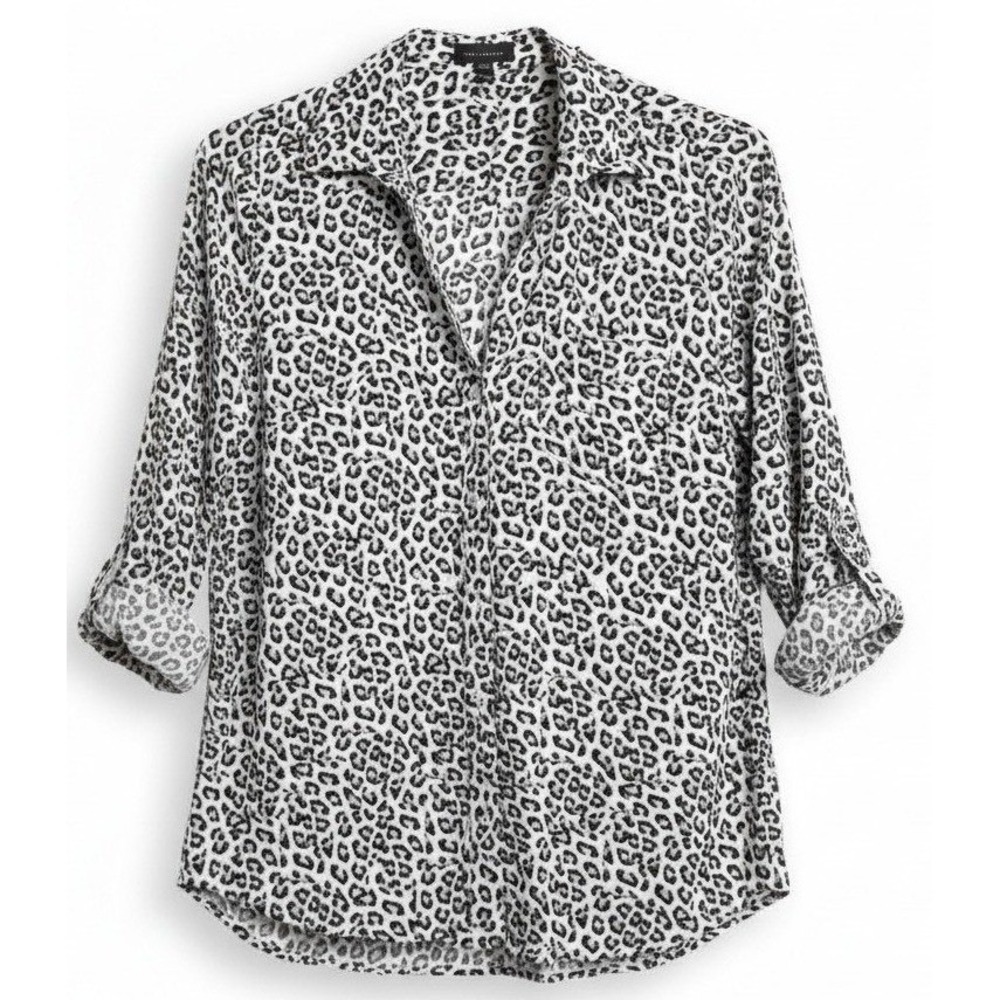 The Limited Womens Leopard Print Button Down Shirt Black White Roll Tab Small